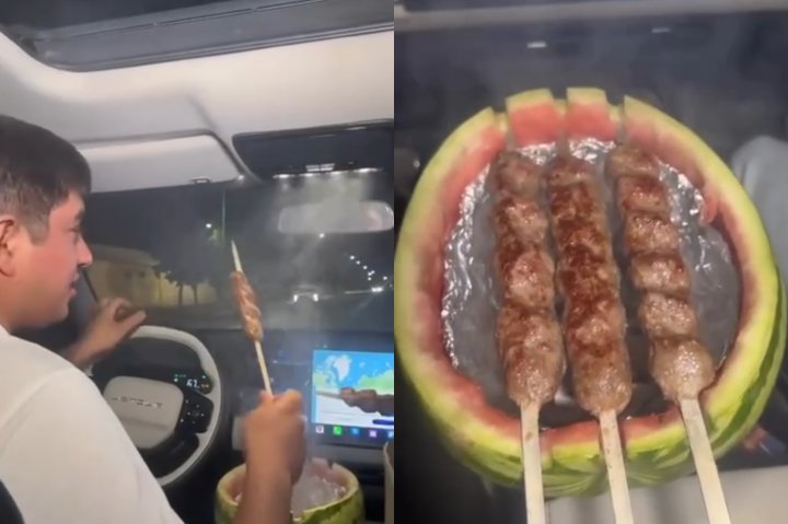 В Узбекистане водитель пожарил шашлыки прямо в машине — видео