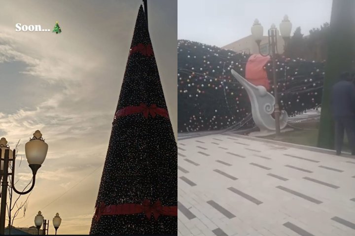 Новогодняя ёлка в Термезе не устояла перед ветром — видео