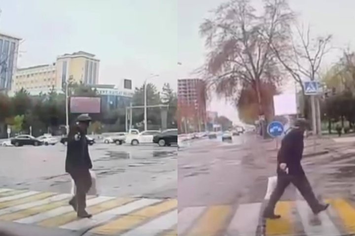 Пожилой пешеход в Ташкенте перешёл дорогу, вооружившись пистолетом — видео