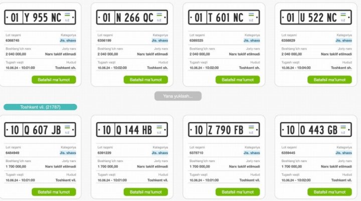 В Узбекистане продали автомобильный номер за 722 млн сумов