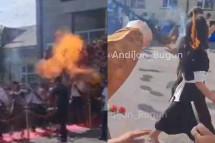 В Узбекистане из-за воздушных шаров на «Последнем звонке» у школьницы загорелись волосы — видео
