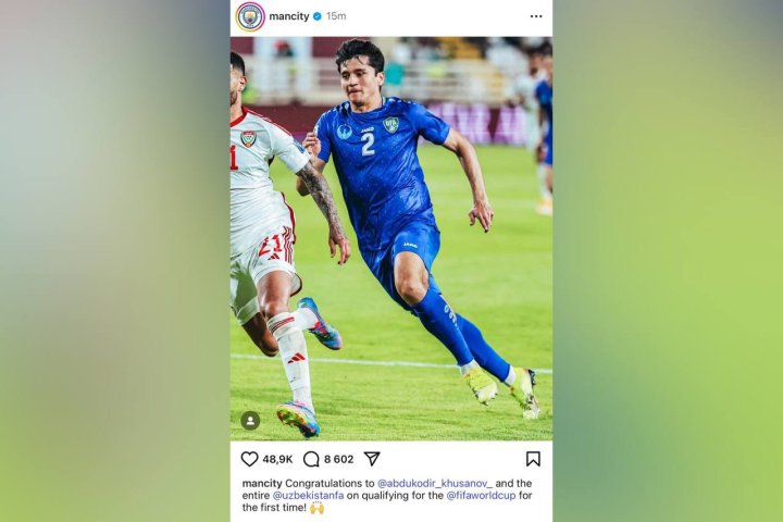 «Манчестер Сити» поздравил Хусанова и весь Узбекистан с выходом в ЧМ