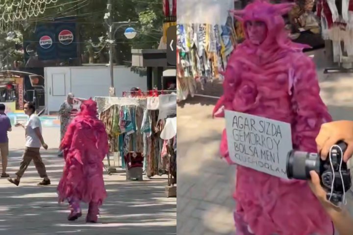 В центре Ташкента заметили мужчину в розовой шубе с табличкой про геморрой — видео