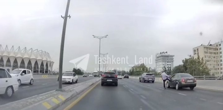 В Ташкенте пешеход на мосту напал на автомобиль — видео