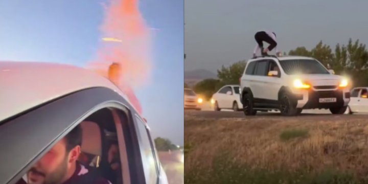 Узбекские блогеры запустили салют прямо с крыши движущегося авто — видео