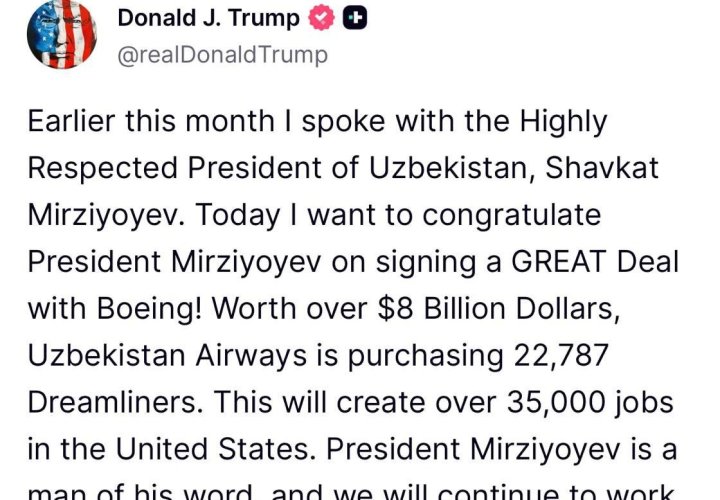 Шавкат Мирзиёев договорился о приобретении 22 самолётов Boeing 787-9 Dreamliner