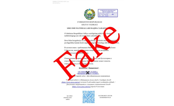 Firibgarlar o‘zbekistonlik tadbirkorlarni Adliya vazirligidan kelgan xatlarni niqob qilib, aldamoqda